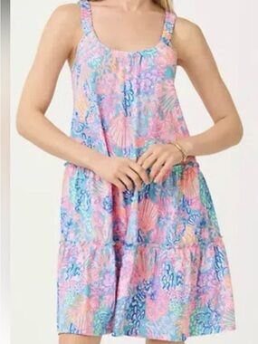 Lilly Pulitzer Splendor in the Sand Pastel Pink Multi-Color Tiered Sundress Sz L